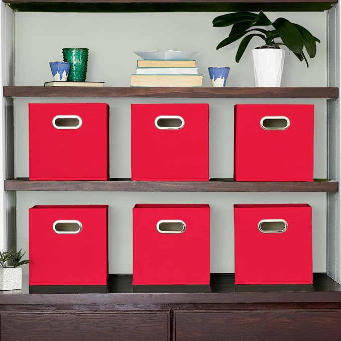 Household Essentials Foldable Fabric Storage Cubes 6-Pack – 11x11x11 Stackable Non-Woven Bins with Chipboard Sides & Grommet Handles – Closet, Shelf, Nursery, or Office Organizer – Regal Red