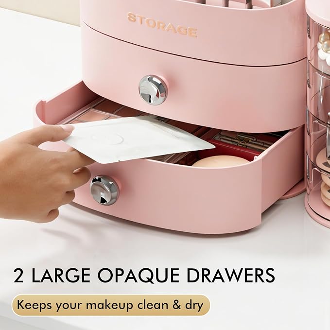 Makeup Organizer Countertop with Drawers, Make up Organizers for Vanity | Skincare Jewelry Earring Organizers, Cosmetic Display Cases Makeup Storage for Bathroom|Dresser, Ideal Gifts for Women(Pink)