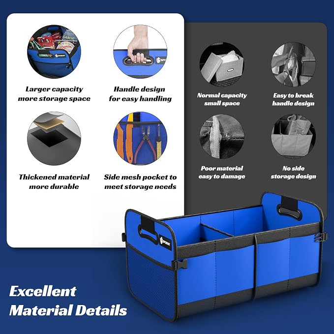 Sposuit Trunk Organizer for Car - 70L Collapsible Sturdy Car Storage, Blue | 11 Pockets & Reinforced Handles, Large Capacity, SUV Trunk Organizers for Grocery Cargo, Non-Slip Bottom