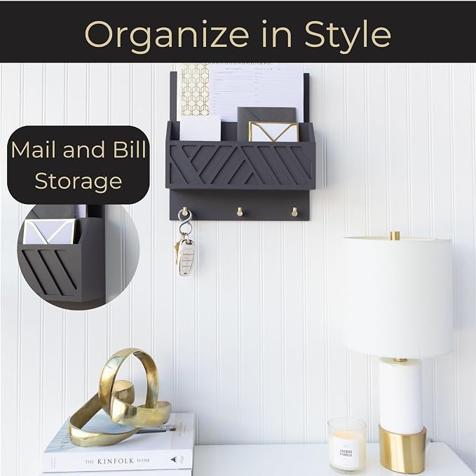 BLU MONACO | Wall-Mounted Mail and Key Holder in Grey Wood | Two-Tier Mail Organizer with Gold Hooks | Entryway Command Center for Home or Office