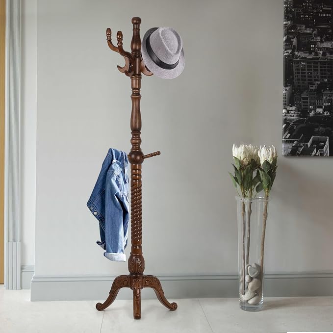 Bekrvio Freestanding Coat Rack Stand with 8 Hooks, 79", Premium Ash Wood | Heavy Duty, Floor Standing, For Entryway Corner, Hallway, Bedroom, Load 160lbs