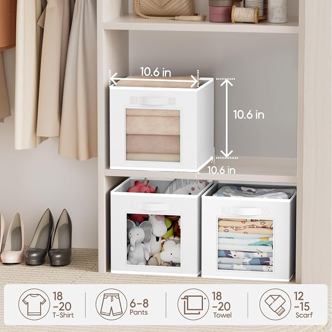 Storage Cube 11 Inch - Cube Storage Bins with Window, Closet Storage Baskets with Handle, Fabric Bins for Closet, Shelves, Toys, Clothes, Set of 16, White