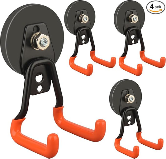ULIBERMAGNET New Upgraded Heavy Duty Magnetic Garage Hooks,4 Pack Strong Large Magnet Hooks for Power Drill,Garden Tools,Hose,Pegboard,Garage, Workshop,Magnetic Storage Hook for Hanging(Orange)
