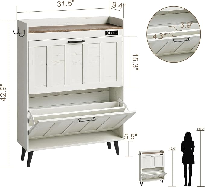 ChooChoo Shoe Storage Cabinet with 2 Flip Drawers for Entryway | Shoe Organizer Storage with Deodorizer, Freestanding Hidden Slim Narrow Shoe Rack Cabinet, Antique White & Brown