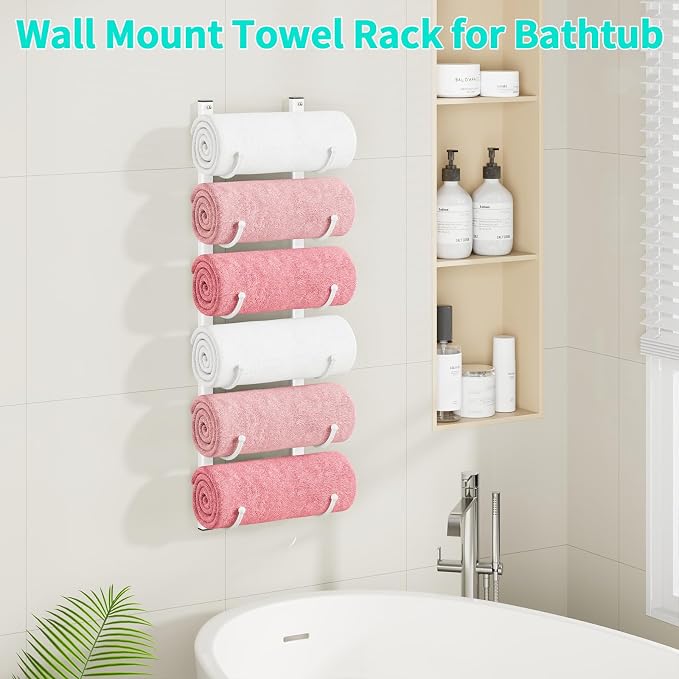 HapiRm Rolled Towel Racks for Bathroom - 6-Tier Over The Door & Wall Mounted Bathroom Towel Storage, Hanging Metal Organizer for Towels & Bath Sheets, Space Saving Rack for Bathroom, Camper, RV, White