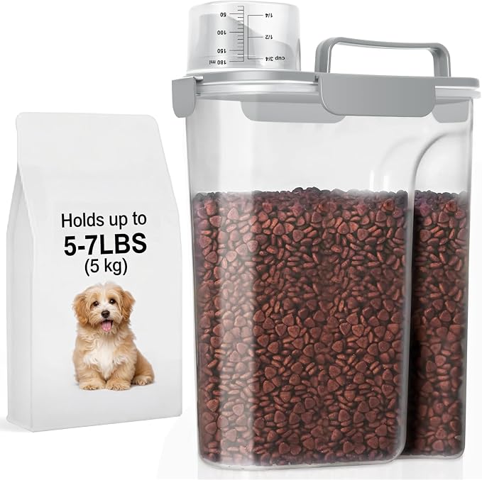 5-7LBS Airtight Dog Cat Food Storage Container with Upgraded Large Nozzle BPA-free, 4 Snap Seals Plastic Pet Food Storage Container with Handles are Easy to Clean and Carry- Light Gray