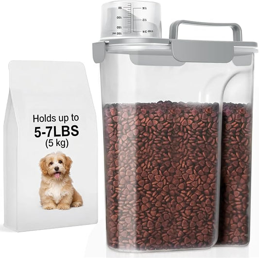 5-7LBS Airtight Dog Cat Food Storage Container with Upgraded Large Nozzle BPA-free, 4 Snap Seals Plastic Pet Food Storage Container with Handles are Easy to Clean and Carry- Light Gray
