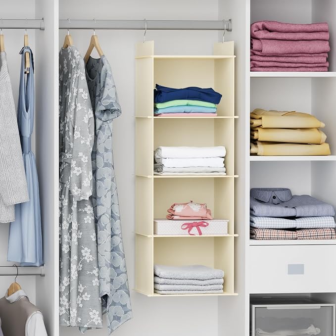 YOUDENOVA Hanging Closet Organizer, 4-Shelf Closet Hanging Shelves, Beige