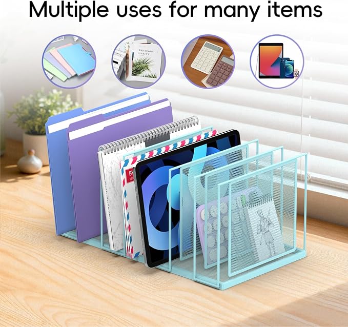 File Organizer for Desk, 7-Section Vertical File Sorter, Paper Holder Organizer Standing Metal File Folder for Office Home Classroom, Blue