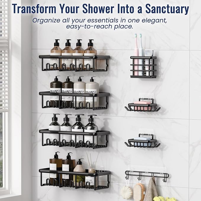 8 Pack Adhesive Rustproof Shower Caddy with Soap Dishes, Toothbrush Holder & Hooks, Large Capacity No-Drilling Shower Shelves Rack for Bathroom Organizers and Storage Accessories, Black