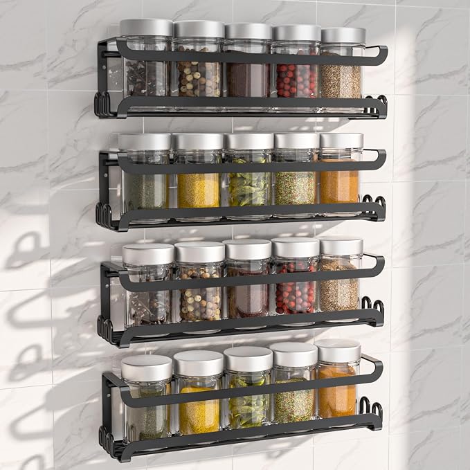 LUCYCAZ 4 Pack Wall Mounted Spice Rack for Kitchen Cabinet,RV,Camper,Black | 16 Metal Hooks, Space-Saving,Screw or Adhesive Spice Shelf Hanging,for Pantry Door Spice Jars & Seasonings,11.41×2.75×2.36in