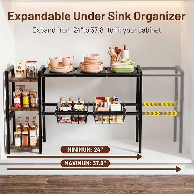 Housolution Expandable Under Sink Cabinet Organizer Rack and Storage Shelf | 24"-37.8" Expandable Length, 3-Tier Side Wooden Shelves, Height Adjustable for Kitchen Bathroom