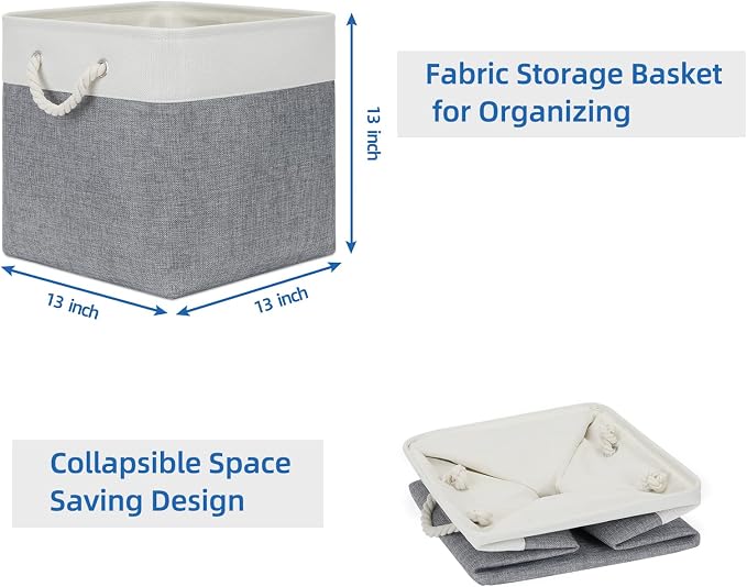 Temary Fabric Baskets 13 Inch Cube Storage Baskets with Rope Handle, Storage Cube Bins Clothes Basket for Gift, Large Storage Bins for Storage Books, Blankets (White&Gray)