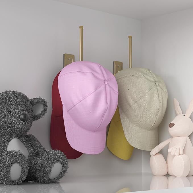 Durmmur Stainless Steel Hat Organizer, Hat Rack for Wall,Each Holds 15 Hats | 2P Strong Adhesive/Wall Drilled Hat Holder, Hat Hooks, Hat Hanger Baseball Cap Organizer for Door,Bedroom,Closet(Gold 6 in)