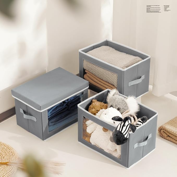 Homsorout Collapsible Storage Bins with Lids, 4 Pack Closet Cubes for Organization, Fabric Storage Baksets with Window, Clothes Organizer bins for Home, Dorm, Grey