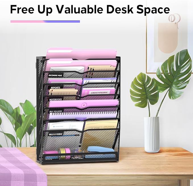 8-Tier Wall File Organizer with Base, Wall Mounted File Holder | Vertical Hanging File Organizer with Open Compartments and Label Holders for Mail, Folders and Paperwork at Home or Work