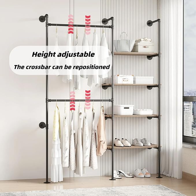 Industrial Pipe Clothing Rack | Hanging Rods Clothes Rack with Shelves, Clothes Rack for Wardrobe, Corner Closet System for Walk in Closets