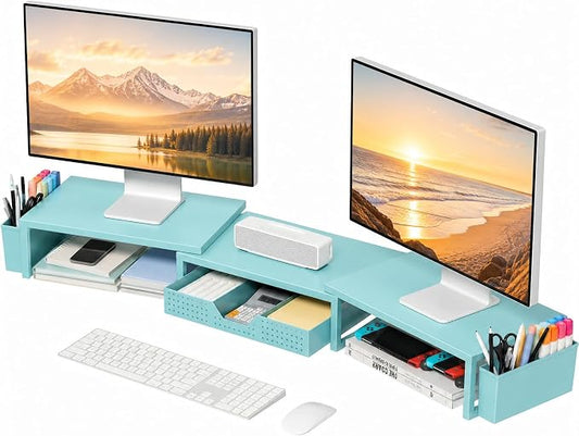 OPNICE Desk Organizers and Accessories, Dual Monitor Stand Riser with Drawer and 2 Pen Holders, Desk Shelf Computer Monitor Stand for Office Workspace Organizers, Desktop Organization (Blue)
