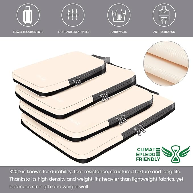 BAGAIL 4 Set/6 Set/8 Set Compression Packing Cubes Travel Accessories Expandable Packing Organizers (Cloth Pattern, 4-Beige)