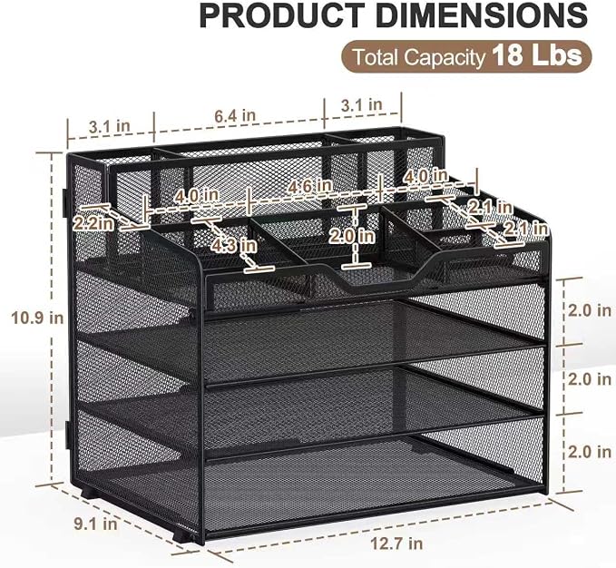 Docnest 4 Tier Mesh Desk Organizer with Letter Tray & Paper Sorter, Black | Features 3 built-in pen holders & 5 adjustable compartments on top. Includes 4 non-slip rubber feet for desk protection