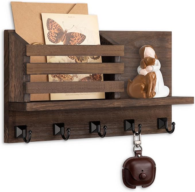 Key Holder Wall Mount, Mail Organizer for Wall with 5 Square Rustic Key Hooks Key Shelf Farmhouse Home Decor for Entryway