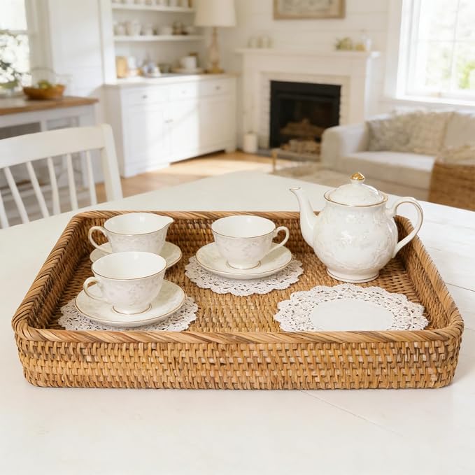 Large Rattan Serving Tray, Rectangle Wicker Storage Basket for Organizing | L(15.7" × 11"), Natural Rattan, Decorative Woven Tray Wicker Basket for Storage, Home Decor, Bathroom
