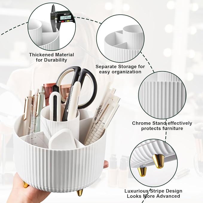 Diesisa Makeup Brush Holder Organizer,360° Rotating Makeup Brush Organizer,5 Slot Make up Brushes Cup for Cosmetics, Nail Polish, Art Supply, Bathroom Vanity Desktop Organizer - White