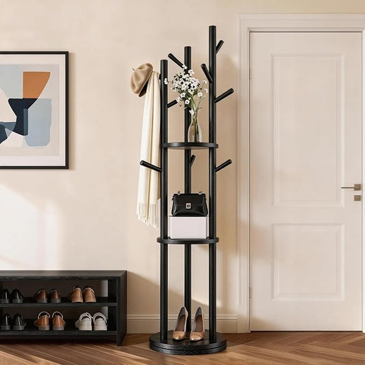Solid Wood Rotary Coat Rack, Coat Rack Freestanding with 3 Storage Shelves & 9 hooks, Coat Tree for Entryway, Livingroom, Bedroom, Coat Hanger Stand for Coats, Scarves, Handbags, Hat (Black)