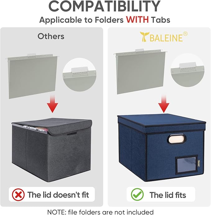 BALEINE File Organizer Box with Lid, Collapsible File Folder Organizer with Plastic Slide, Hanging File Folder Box for Office Document Storage (Tab Friendly, 2 Pack, Blue)