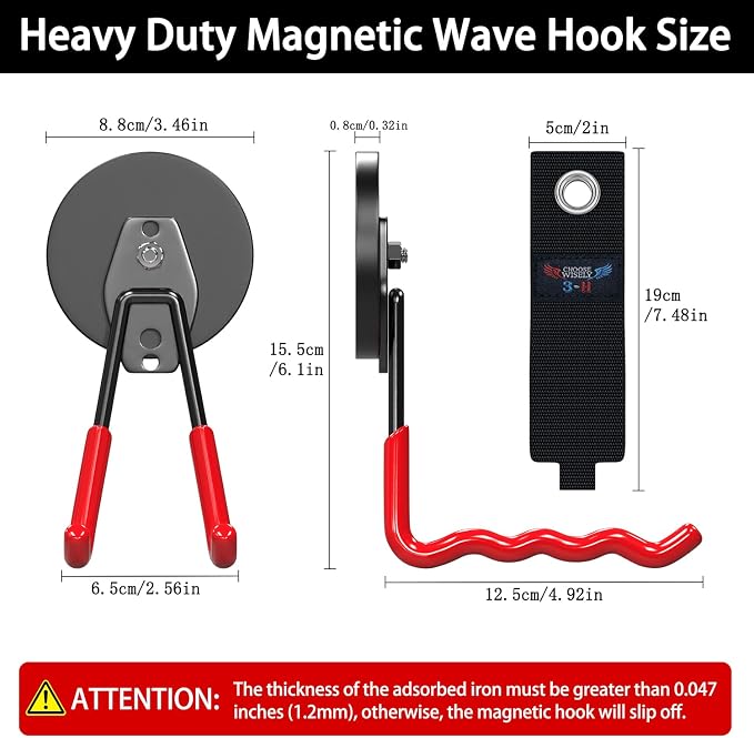 3-H Heavy Duty Magnetic Hooks, Large Magnet Hooks 3.5 inch Base,2 Pack Red | No-Drill Tool Holder for Garage,Power Drill,Garden Tools,Hose Storage