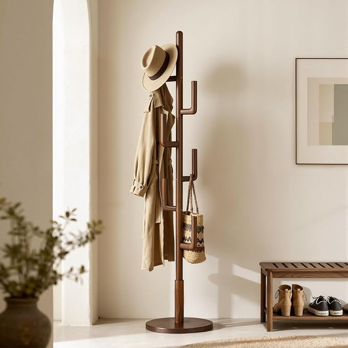 Coat Rack,Solid Wood Cactus Freestanding Coat RackWith 6 L-Shaped Hooks and 3 Adjustable Sizes,Coat Tree for Bedroom, Entryway, Livingroom, Coat Hanger Stand for Coats, Handbags (Walnut)