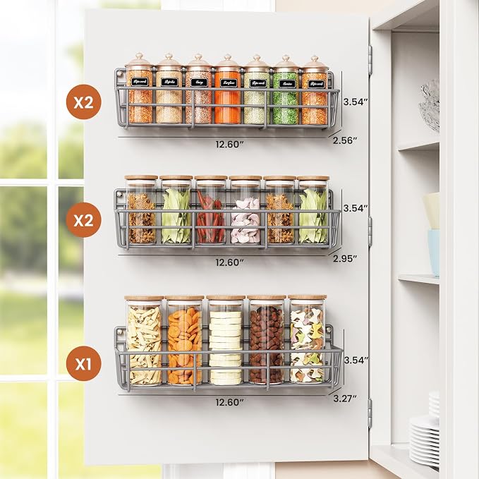 Mystozer 5 Pack Spice Rack Seasoning Organizer Wall Mount, Spice Storage Spice Rack Organizer Pantry Door Organizer Screw or Adhesive Hanging Shelf Basket Spice Organizer Shelf for Kitchen (Gray)