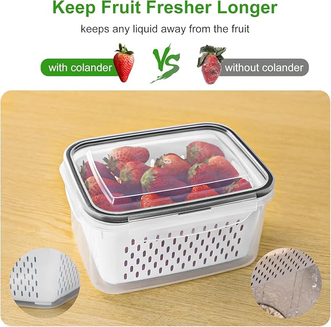 Freshmage Fruit Storage Containers for Fridge with Removable Colander 6 pcs | Airtight Food Storage Container Dishwasher Safe Produce Saver for Refrigerator Keep Berry Fruit Fresh Longer Large Clear