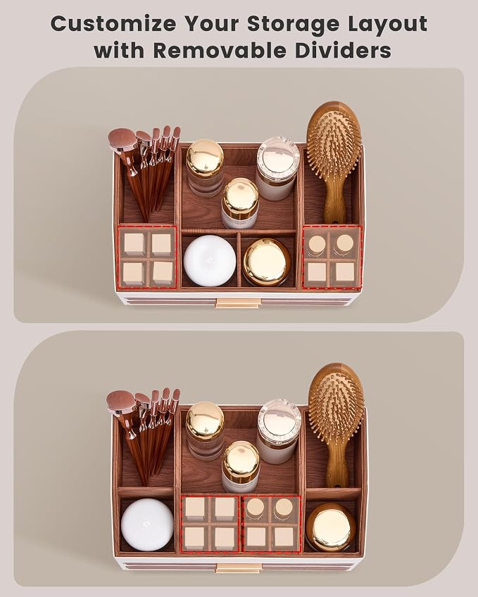 Lolalet 3-Layer PU Leather Makeup Organizer for Cosmetic Vanity -Walnut | Large Bedroom Dsek Countertop Cosmetic Organizer with Brush Holder, Skincare Storage for Lipsticks, Nail Polish, Perfume