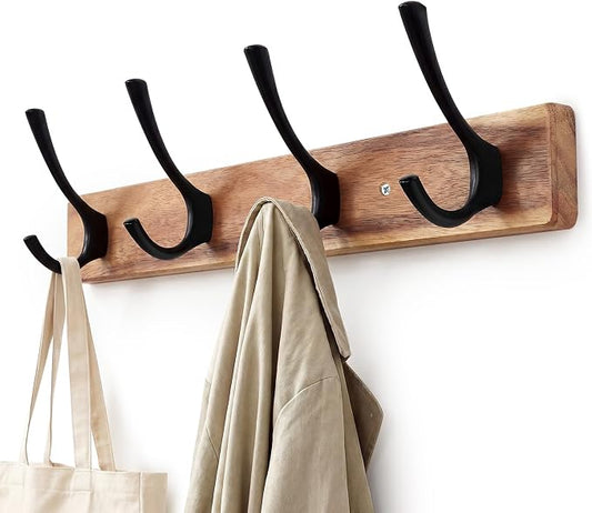 Yangbaga Coat Rack Wall Mount,Acacia Wood Coat Hooks Wall Mount,15" Wall Coat Rack with Heavy Duty 4-Double-Hooks,Hat Rack Wall Coat Hanger for Towel/Dog’s Leashes/Coat/Bag