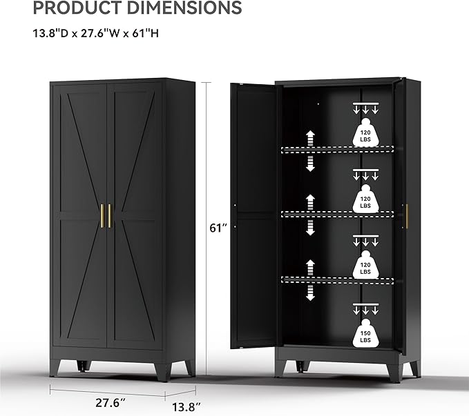 Farmhouse Pantry Cabinet with Barn Doors,61" H x 27.5" W,Metal Cabinet with Adjustable Shelves,4-Tier Storage Cabinet for Kitchen Dining Room Garage Office,Black 1 Pack