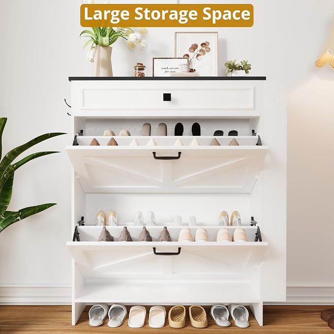 IRONCK Shoe Storage Cabinet with 2 Flip Drawers & Barn Door, White/Black | Freestanding Shoe Cabinet Organizer with Drawer and Shelves for Entryway, Farmhouse Shoe Rack Cabinet