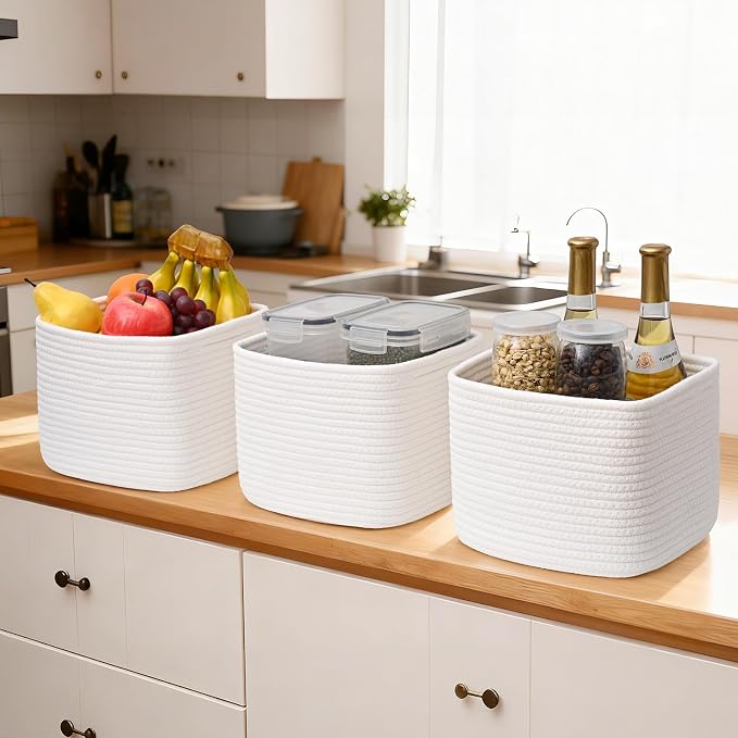 3 Pack Cube Storage Bin, 9”x9”x7” Cotton Rope Woven Baskets for Organizing Toys Clothes Towels, Square Gift Storage Baskets for Shelves, Nursery, Closet, Bathroom, Pantry (White)