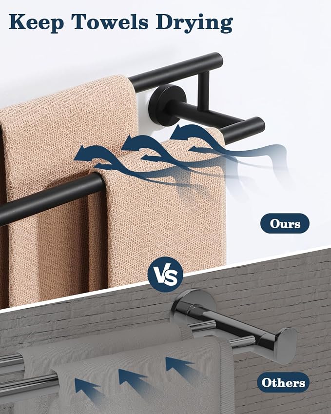 Alise Double Towel Bar Black,16" Towel Racks for Bathroom Wall Mounted | Bathroom Towel Rack SUS304 Stainless Steel Bathroom Towel Holder Quick Drying Hand Towel Holder Towel Bar for Walls