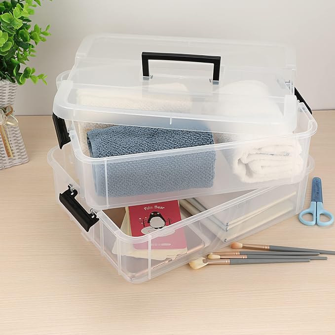 JUXYES 2-Tiers Plastic Stack Carry Storage Containers Box wih Handle Lids | Clear Stackable Latching Craft Storage Bin for School Office, Organizing Stationery, Sewing, Art Craft, DIY Supplies, Black