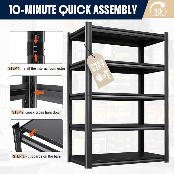 Set of 4 Heavy Duty Garage Shelving Unit, 71.2" H x 35.4" W x 16" D, 5-Tier Adjustable Storage Shelves for Garage Storage, Standing Shelf Unit & Shelves Organizer for Home, Warehouse, Workshop