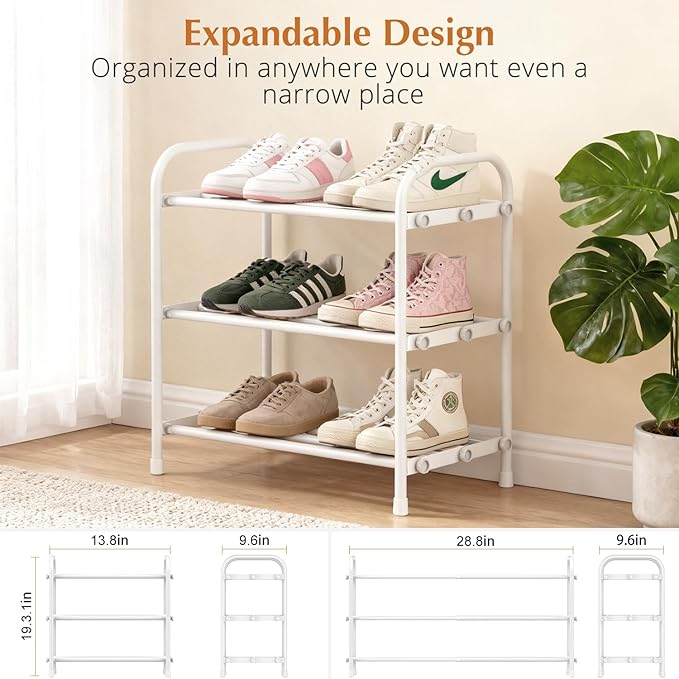INSMART 3-Tier Expandable Shoe Rack, Stackable and Adjustable Shoes Organizer Storage Shelf, Sturdy and Durable Metal Structure Free Standing Shoe Rack for Closet Entryway Doorway, White