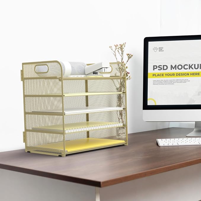 Sinboun Letter Tray Paper Organizer 5-Tier Desk Organizer File Organizer Paper Holder with Handle, Metal Desktop Document Shelf Tray Office Classroom Organization - Gold