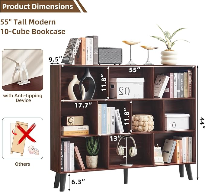 LEYAOYAO 10 Cube Bookshelf, Mid-Century Modern Book Shelf with Legs, Walnut | 3 Tier Bookcase, 55" Wide Rustic Wood Bookshelves Large Storage Organizer, Open Shelves for Bedroom, Living Room, Office