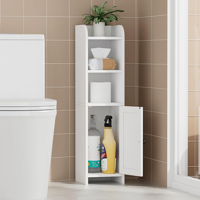 Homhedy Small Bathroom Storage Cabinet, Narrow Toilet Paper Cabinet | Corner Floor Cabinet with Door and Shelves, Slim Bathroom Cabinet for Small Spaces, 9.8" D x 7.9" W x 31" H, White