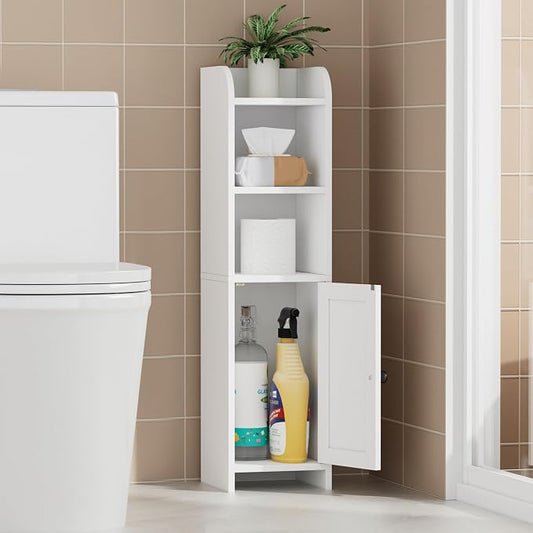 Homhedy Small Bathroom Storage Cabinet, Narrow Toilet Paper Cabinet | Corner Floor Cabinet with Door and Shelves, Slim Bathroom Cabinet for Small Spaces, 9.8" D x 7.9" W x 31" H, White