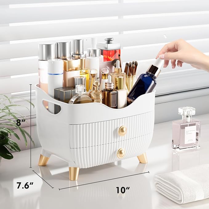 Makeup Organizer Countertop, Large Capacity Skincare Organizer for Vanity | Cosmetics Organizer with Drawes & Handle, Cosmetic Display Cases Storage Box for Dresser, Bathroom, Gifts for Women(White)