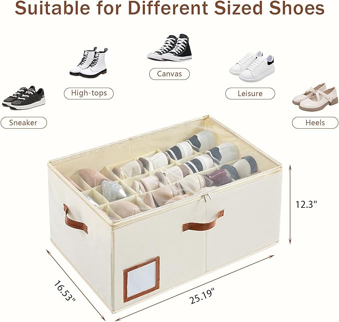 INSTY Shoe Organizer for Closet Fit 24 Pairs, Large Foldable Shoe Storage Containers Box Bin w/Adjustable Dividers and Clear Cover, Space Saving Shoe Storage Organizer Box, Beige