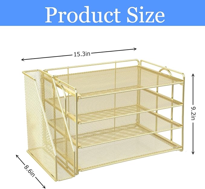 gianotter 4-Tier Paper Organizer With Magazine Holder, Desk Organizers and Accessories, Desk Accessories & Workspace Organizers, File Organizer for Office Supplies Storag (Gold, 4-Tier)