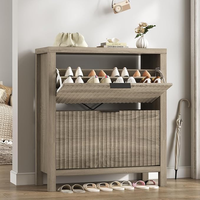 Fluted Shoe Cabinet Storage with 2 Flip Drawers for Entryway, Hallway | Narrow Shoe Rack Freestanding Shoe Organizer with Legs for Entryway，Hallway, Grey